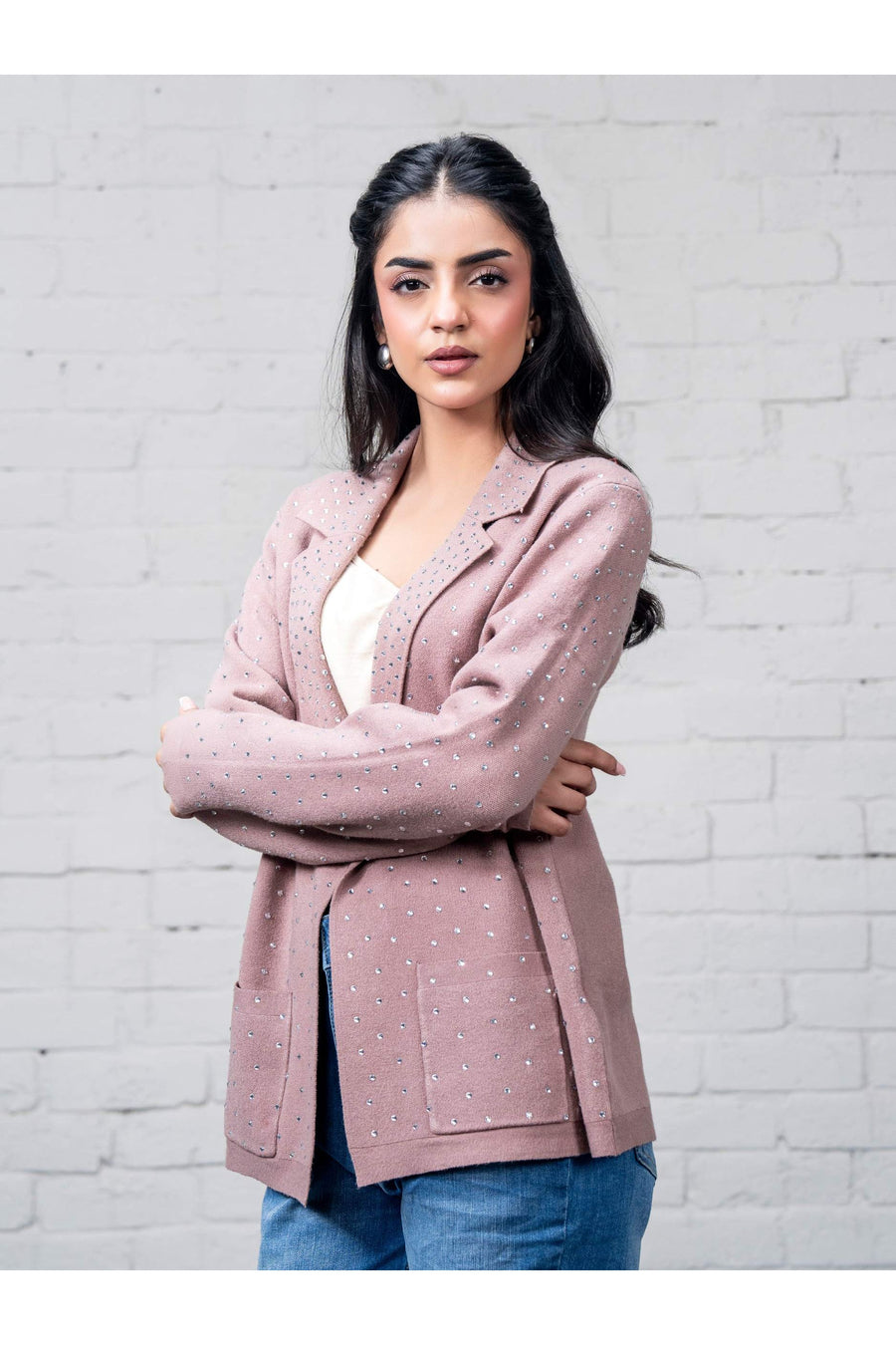 Dusty Rose Wool Blend 3-Piece Blazer | Rhinestone