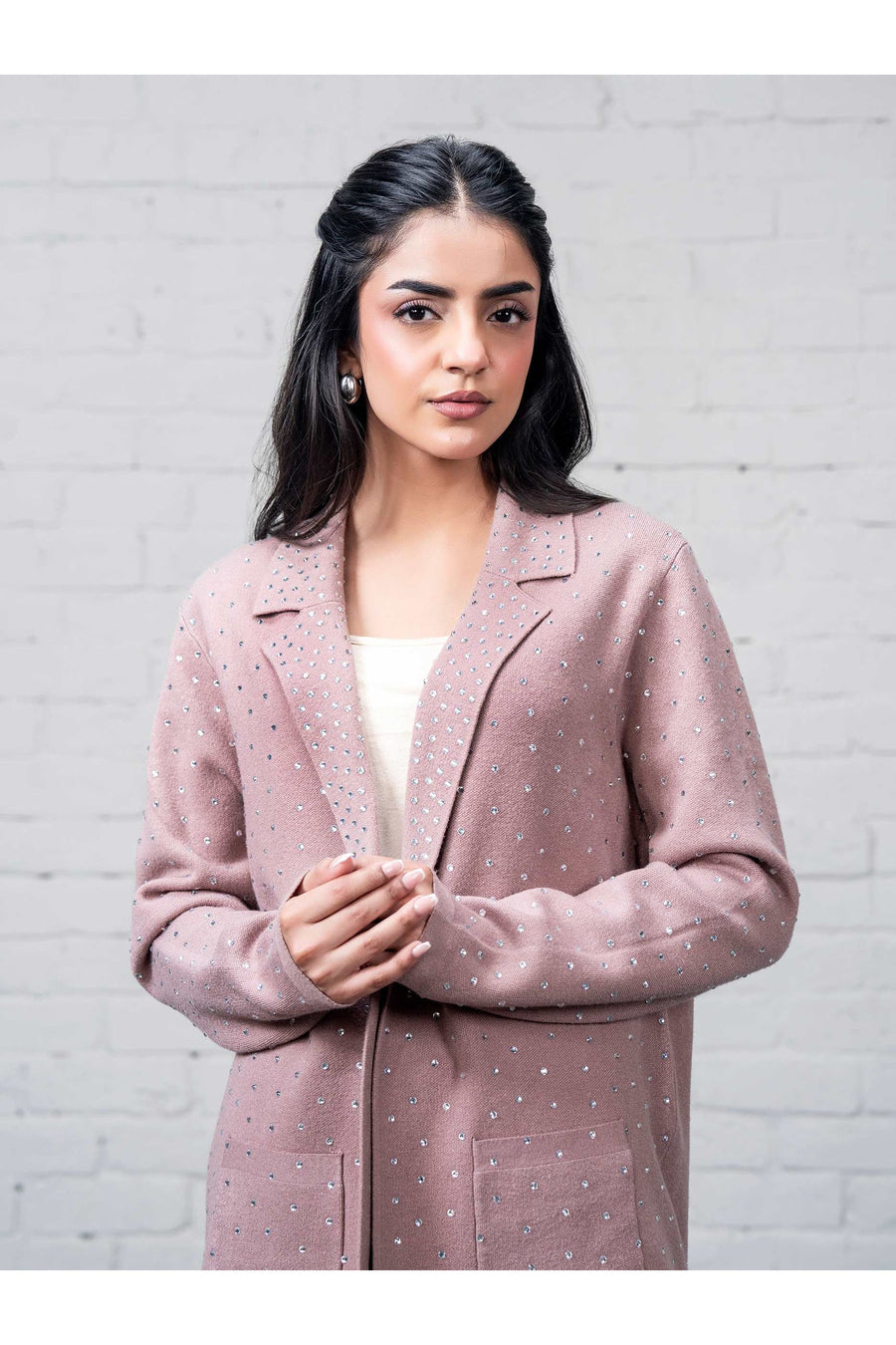 Dusty Rose Wool Blend 3-Piece Blazer | Rhinestone