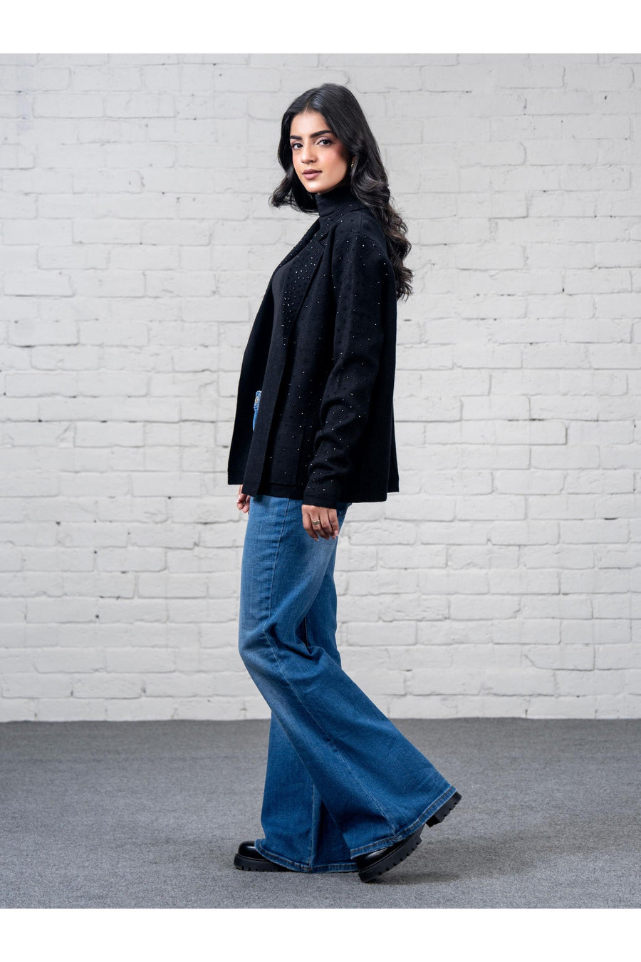 Midnight Cashmere Wool Blazer | Rhinestone Speckled