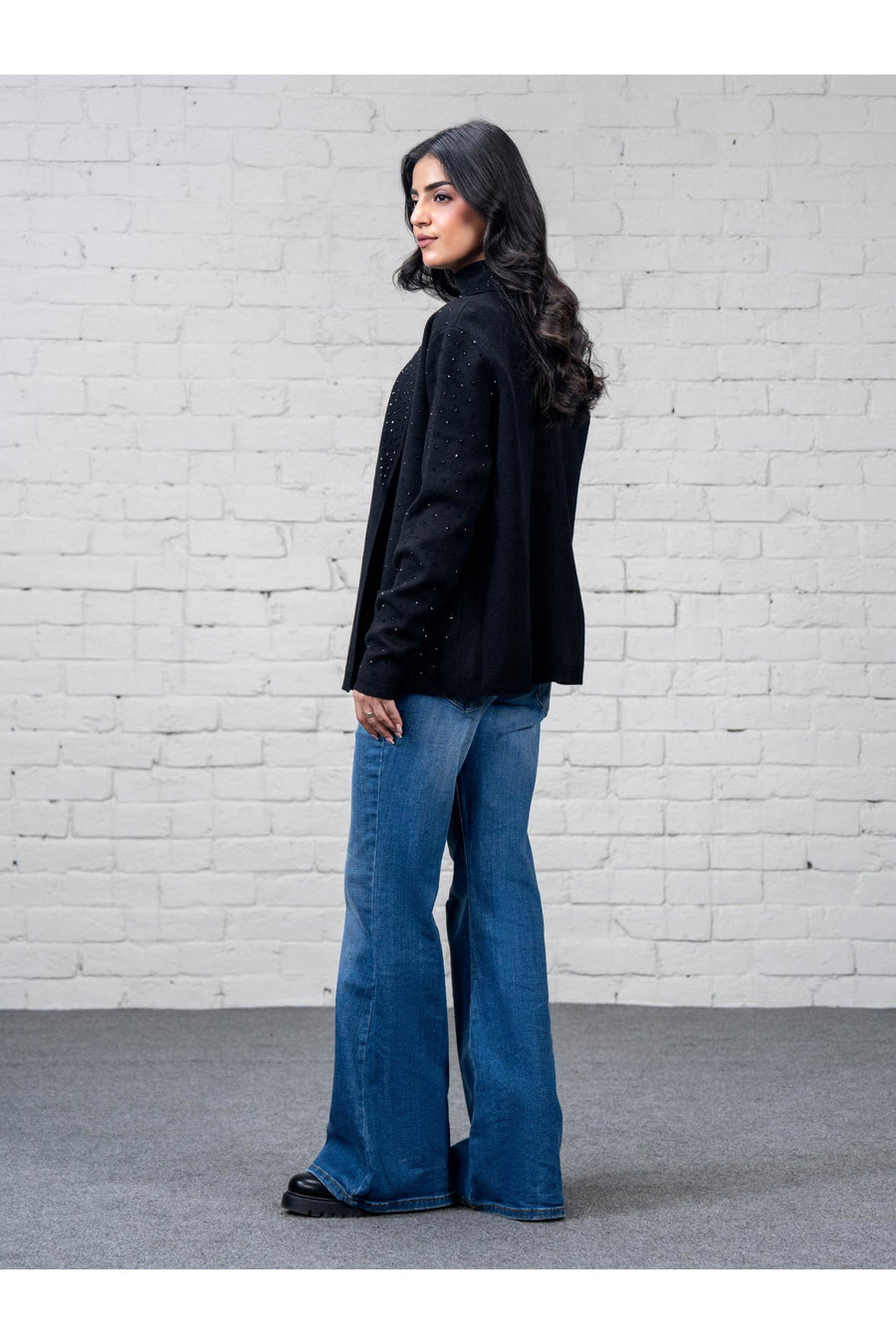 Midnight Cashmere Wool Blazer | Rhinestone Speckled