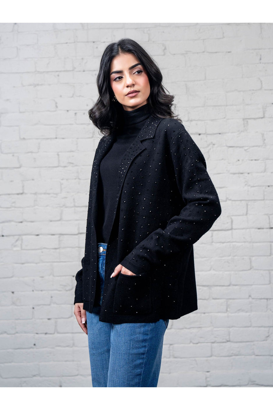 Midnight Cashmere Wool Blazer | Rhinestone Speckled
