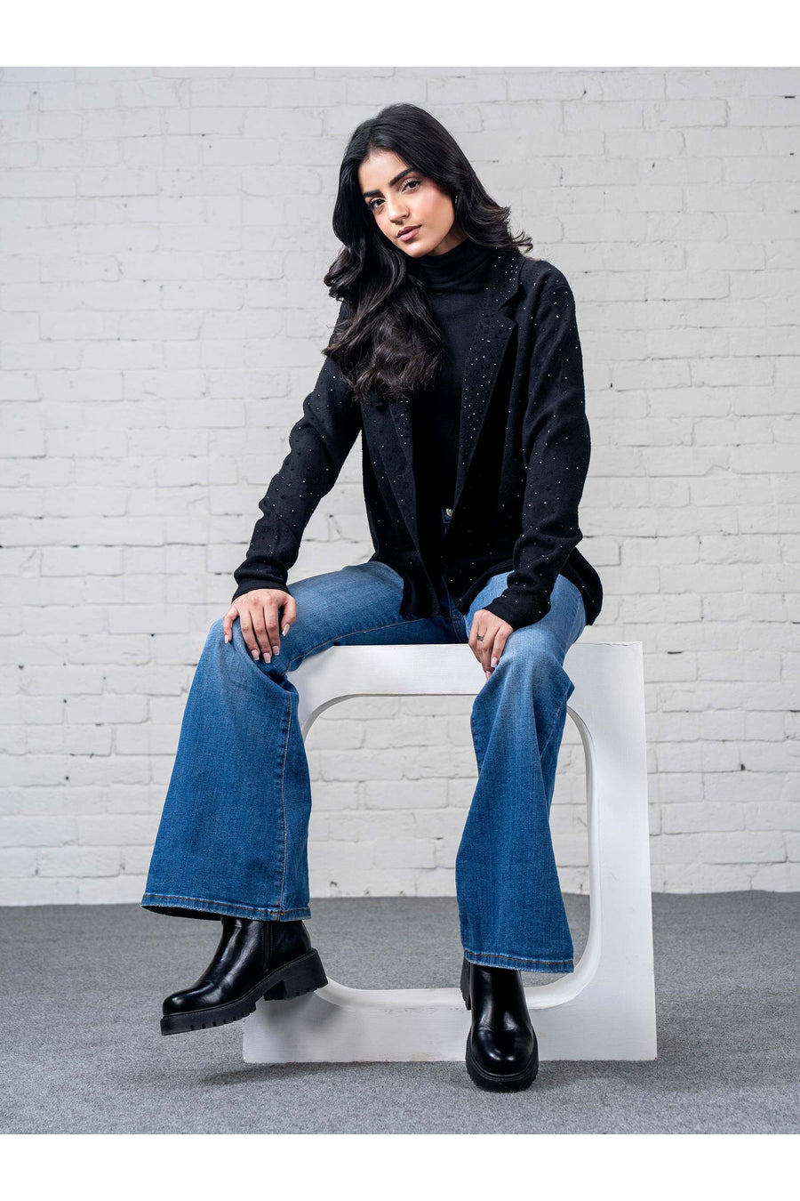 Midnight Cashmere Wool Blazer | Rhinestone Speckled