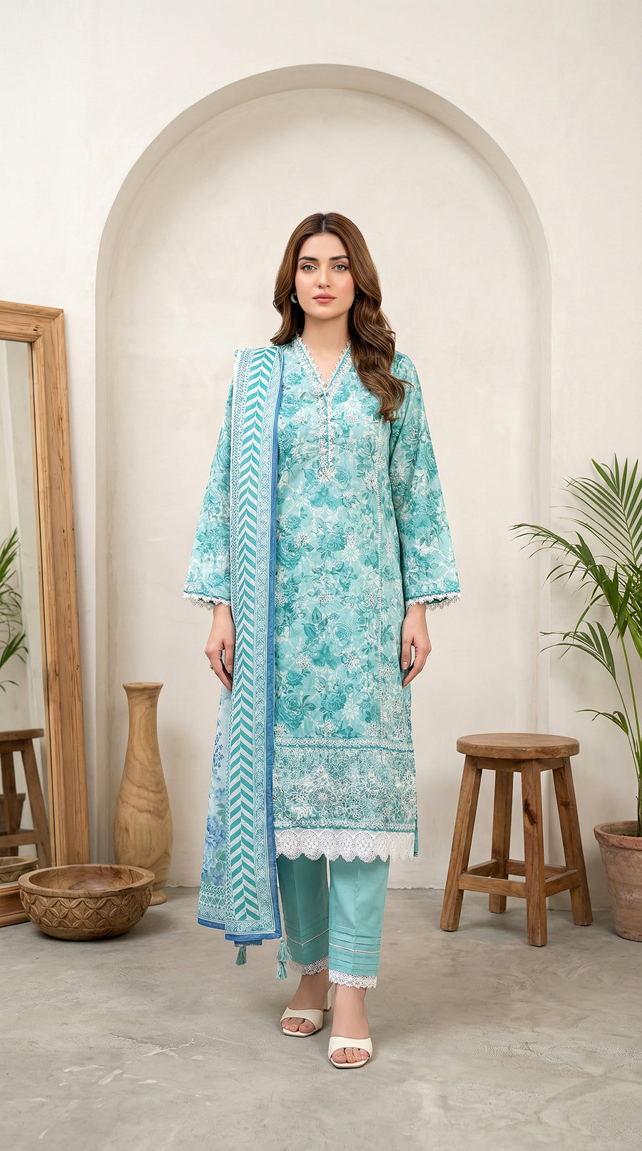 Mountain Meadow Floral Embroidered Lawn 3-Piece Stitched Suit with Chiffon Dupatta