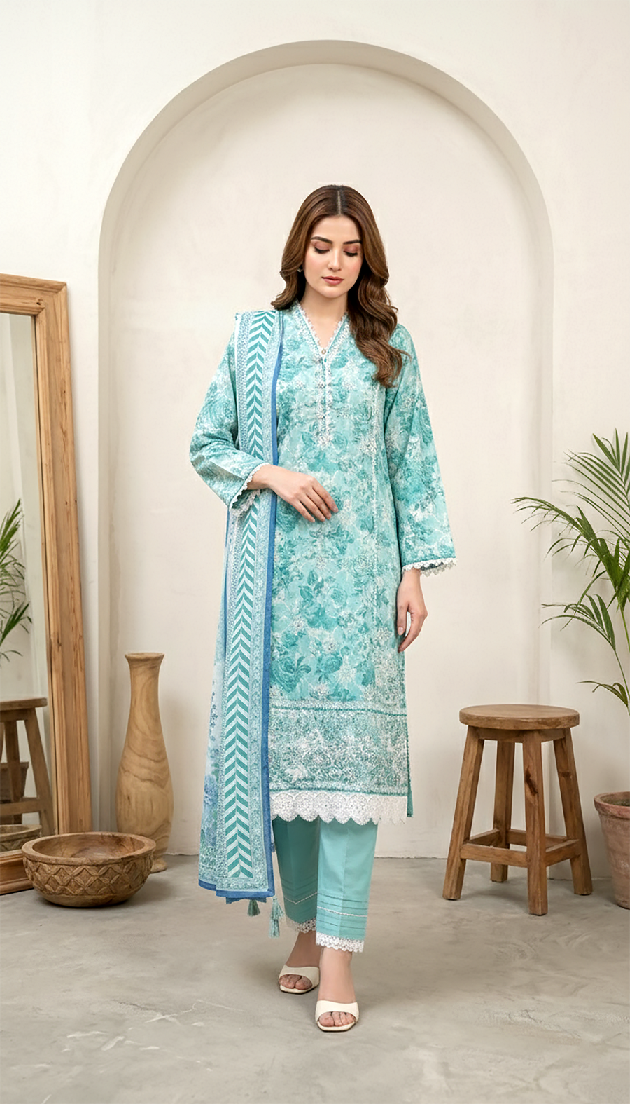 Mountain Meadow Floral Embroidered Lawn 3-Piece Stitched Suit with Chiffon Dupatta