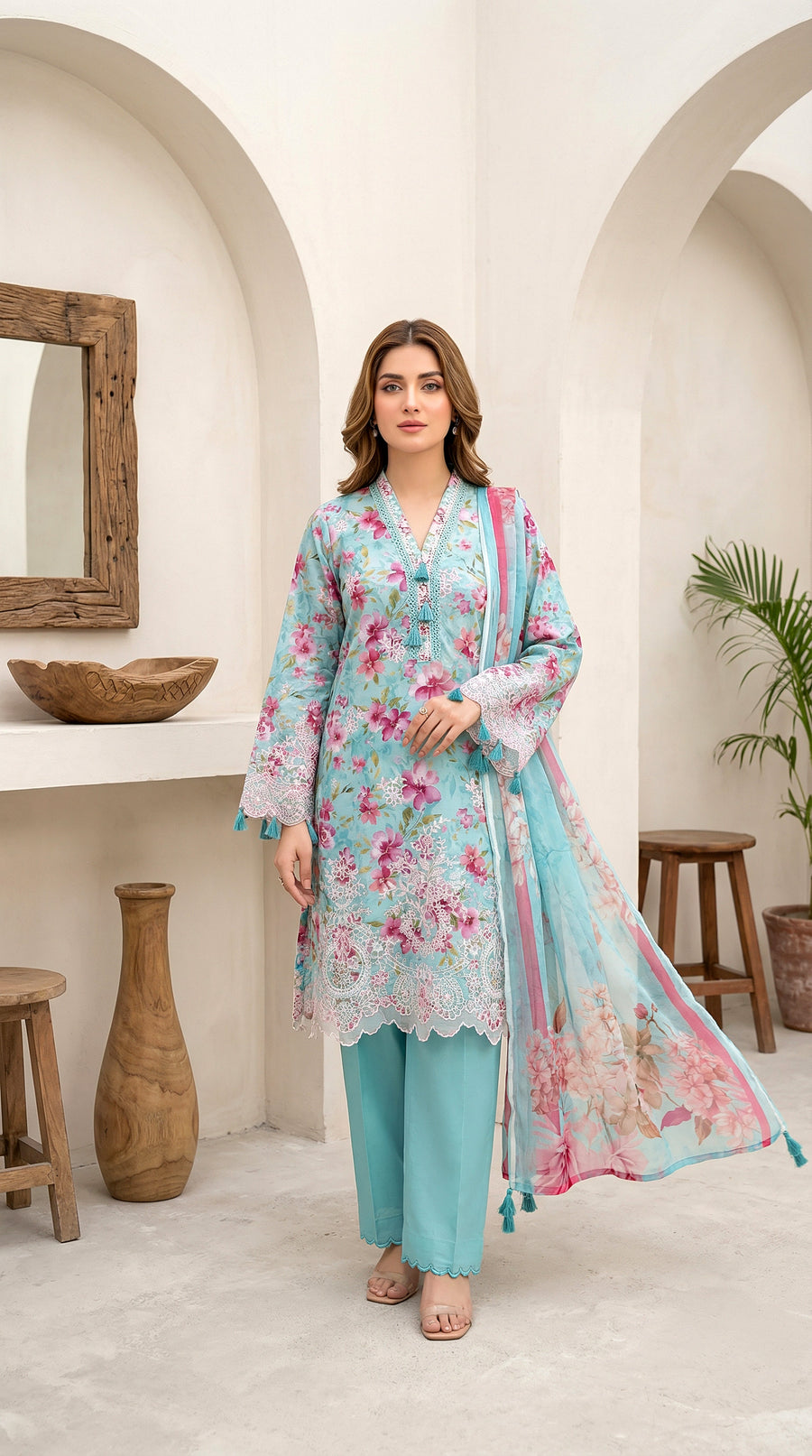 Sky Blue Pink Floral Embroidered Lawn 3-Piece Stitched Suit