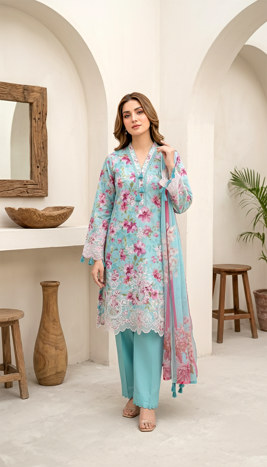 Sky Blue Pink Floral Embroidered Lawn 3-Piece Stitched Suit