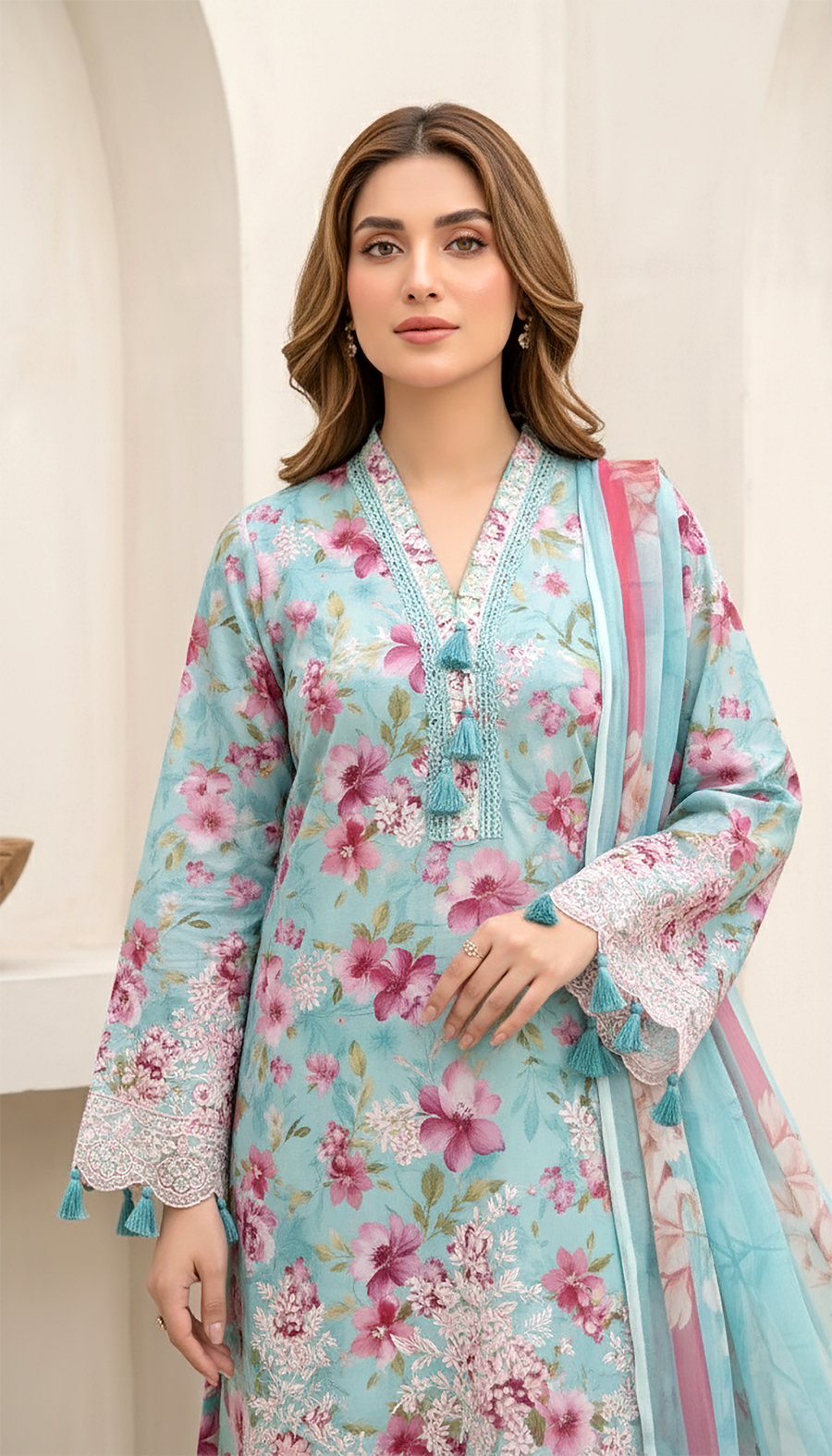 Sky Blue Pink Floral Embroidered Lawn 3-Piece Stitched Suit