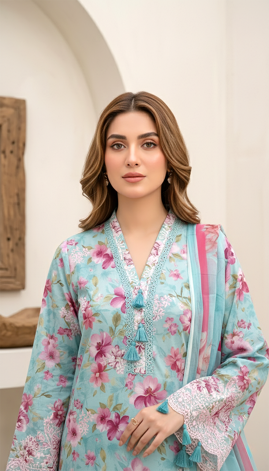Sky Blue Pink Floral Embroidered Lawn 3-Piece Stitched Suit
