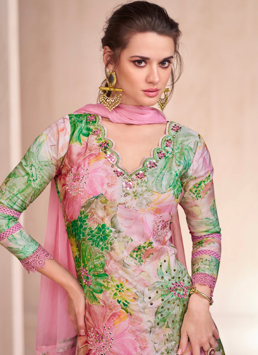 Pink Floral Muslin Anarkali Suit with Nazneen Dupatta