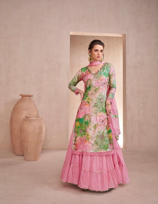 Pink Floral Muslin Anarkali Suit with Nazneen Dupatta