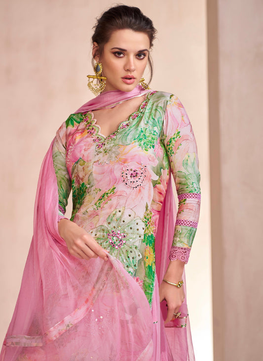 Pink Floral Muslin Anarkali Suit with Nazneen Dupatta