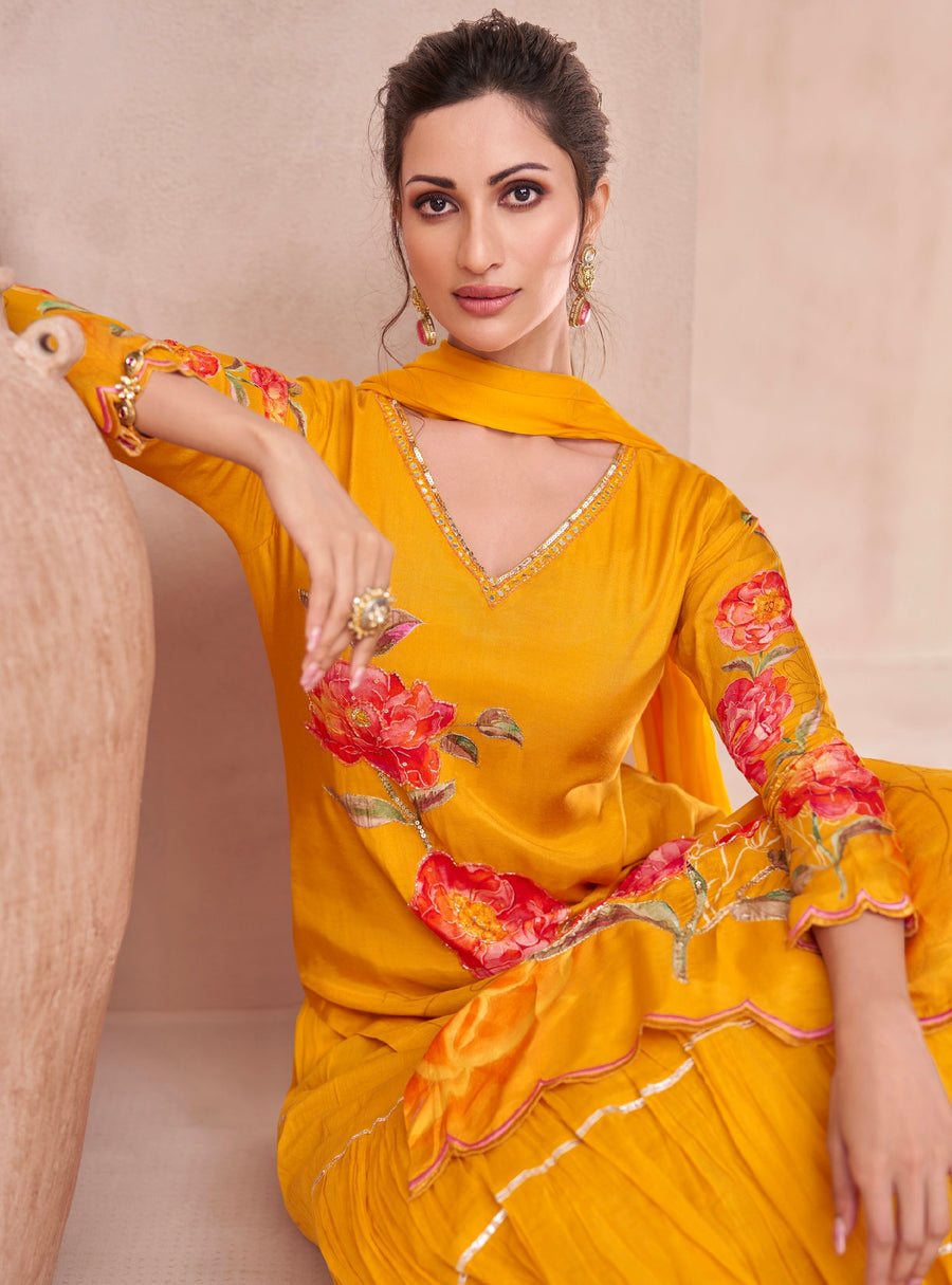 Yellow Muslin Anarkali with Hand Embellished Detailing