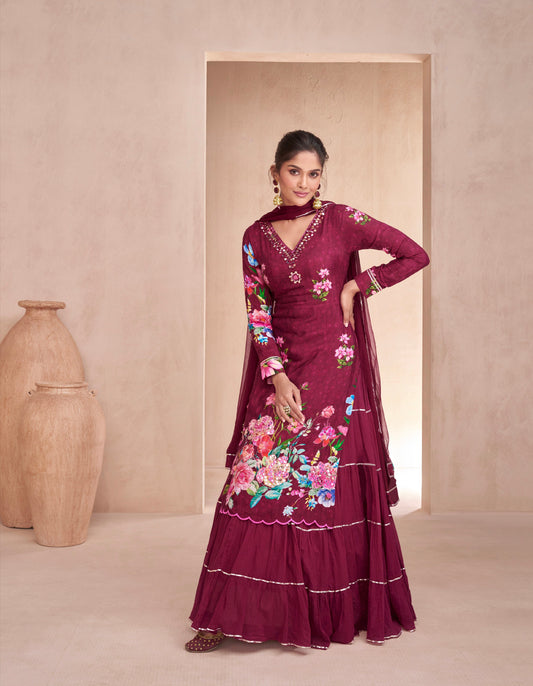 Maroon Muslin Anarkali Suit with Hand Embellished Work