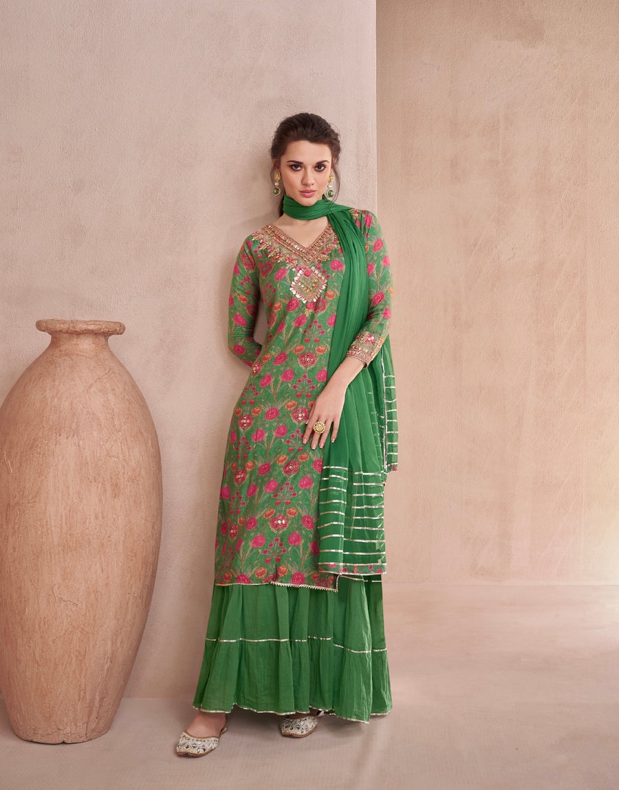 Green Muslin Anarkali Suit with Hand Embellished Work