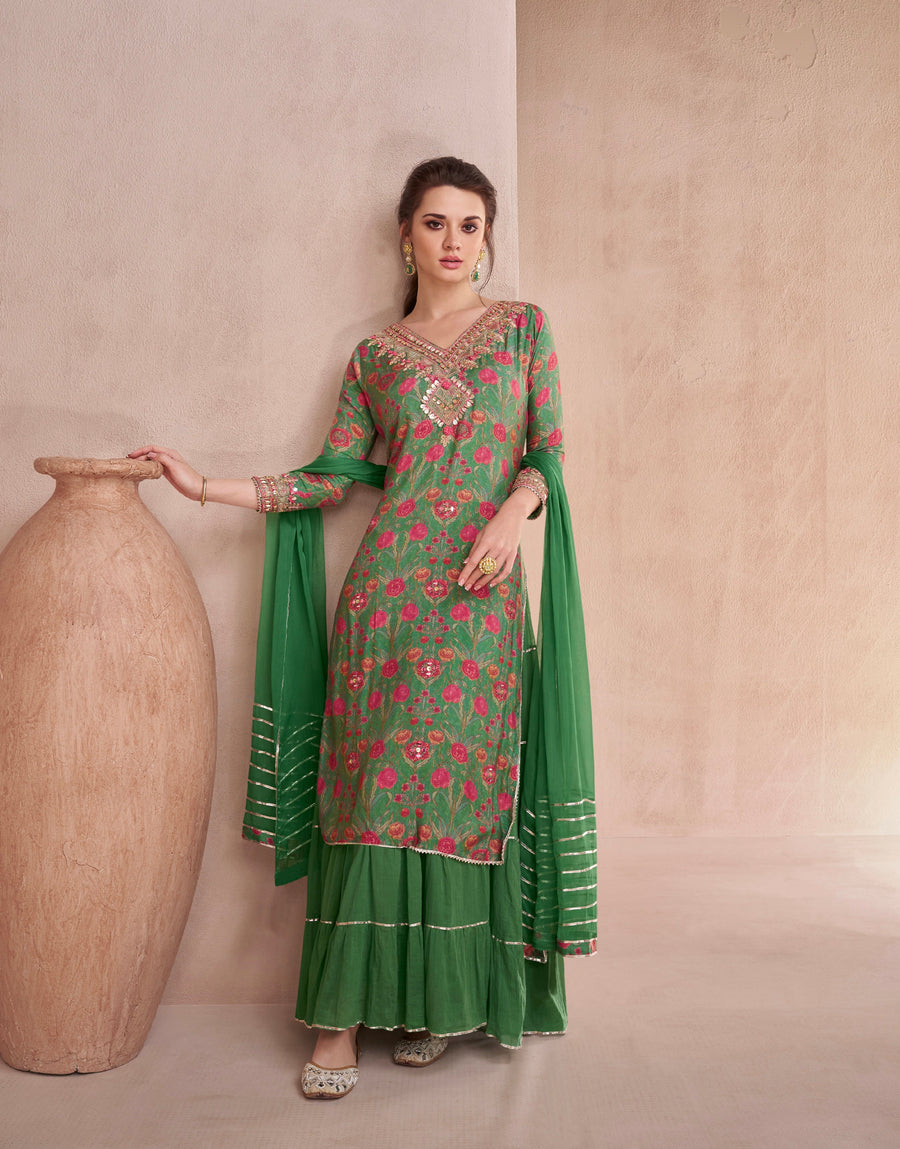 Green Muslin Anarkali Suit with Hand Embellished Work