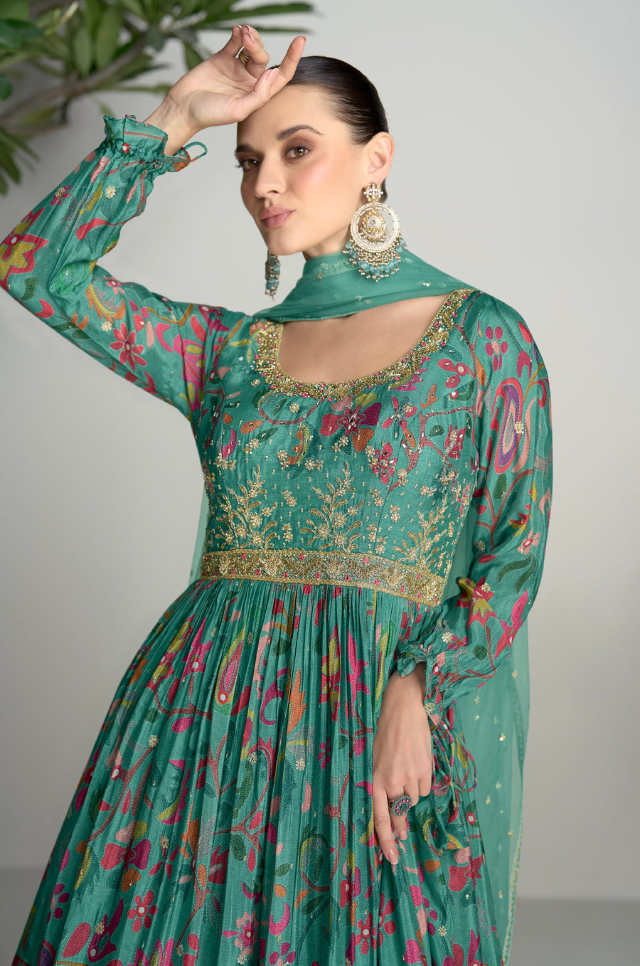 Green Chinon Anarkali Suit with Embroidery & Mirror Work