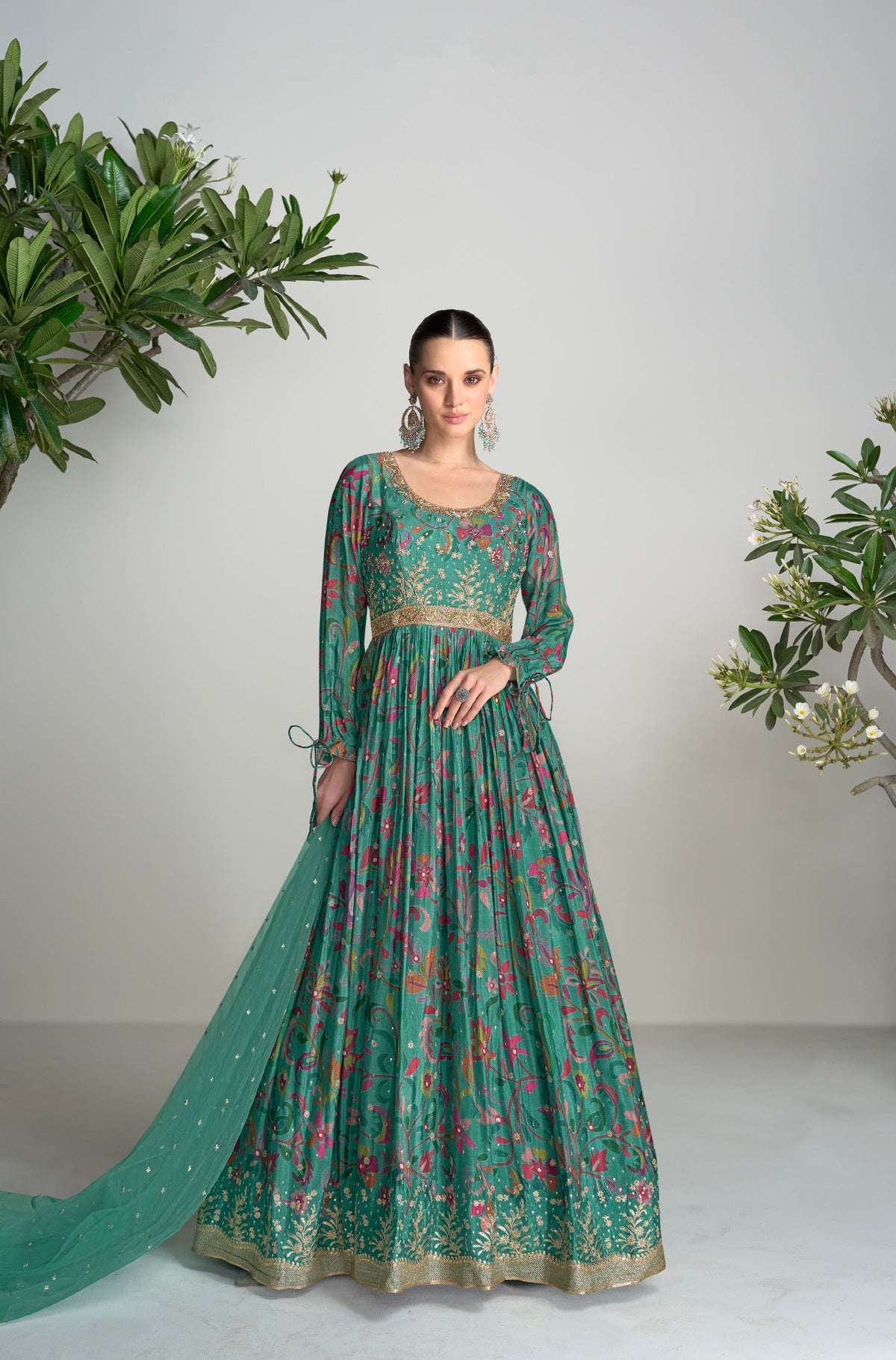 Green Chinon Anarkali Suit with Embroidery & Mirror Work