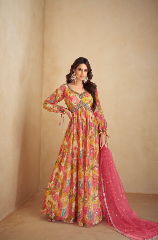 Multicolor Chinon Anarkali Suit with Embroidery & Mirror Work