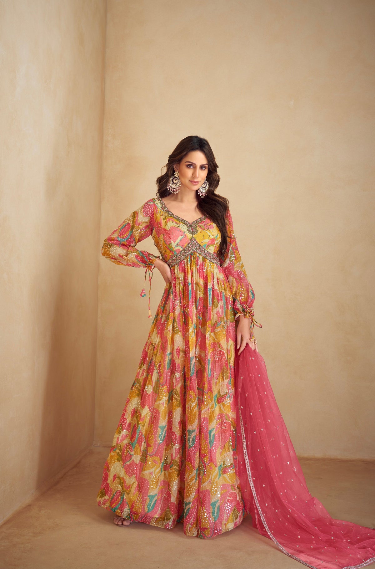 Multicolor Chinon Anarkali Suit with Embroidery & Mirror Work