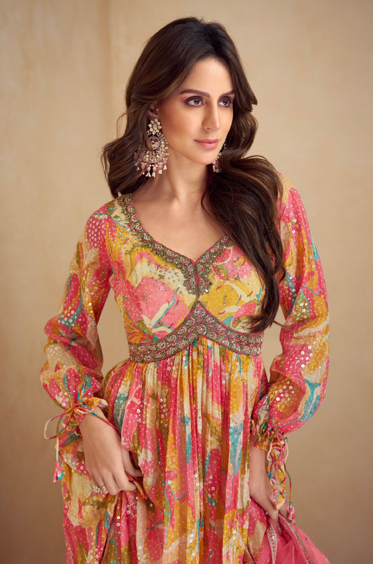Multicolor Chinon Anarkali Suit with Embroidery & Mirror Work