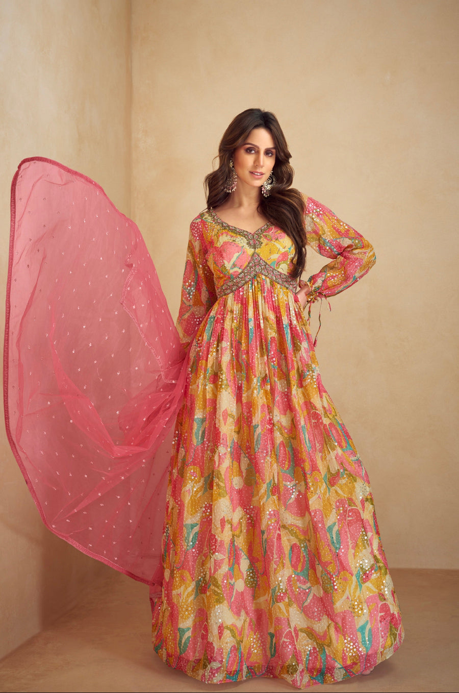 Multicolor Chinon Anarkali Suit with Embroidery & Mirror Work