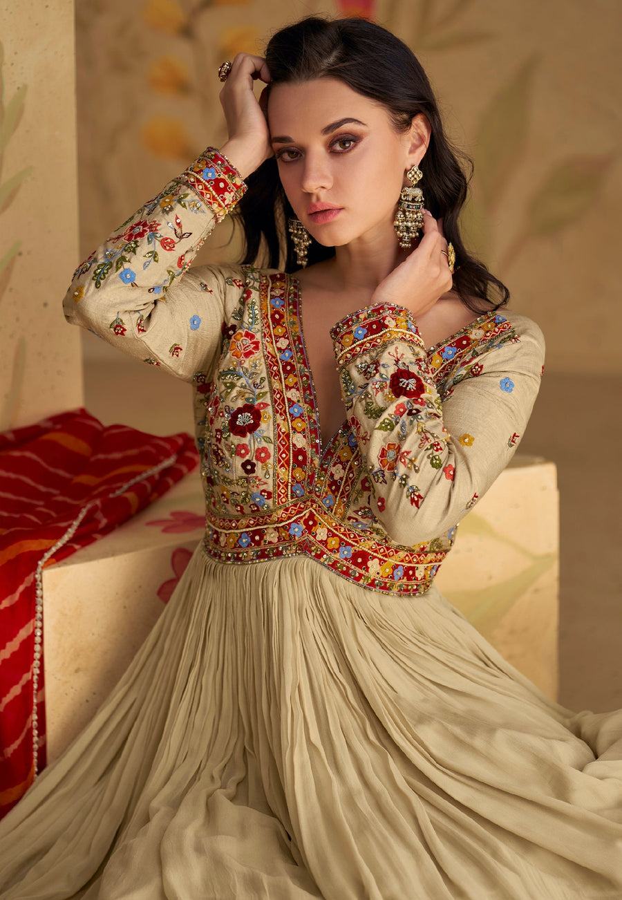 Beige Chinon Silk Anarkali Suit with Front & Back Embroidery