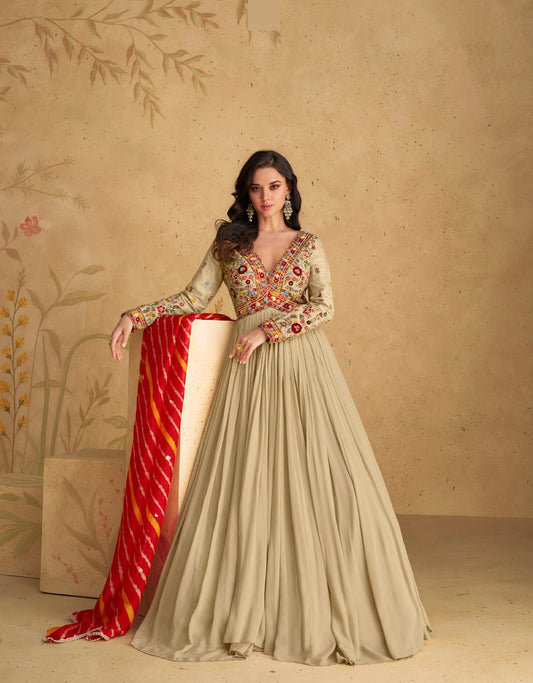 Beige Chinon Silk Anarkali Suit with Front & Back Embroidery