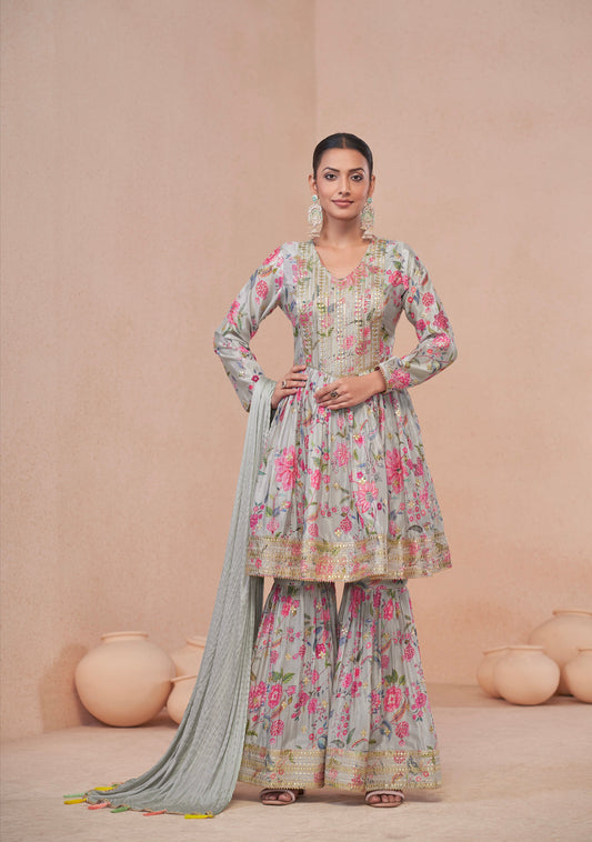 Light Blue Floral Chinon Anarkali Suit with Dupatta