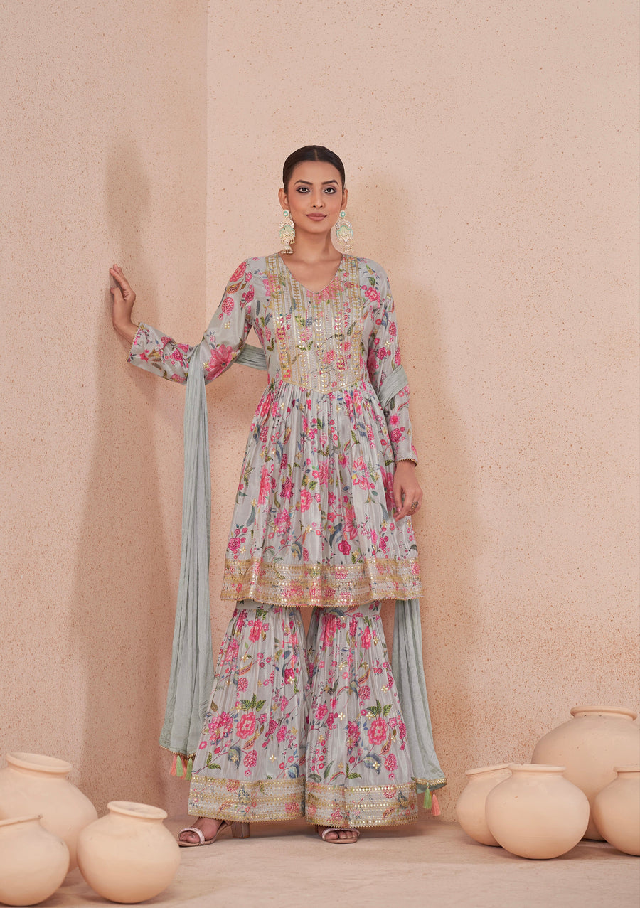 Light Blue Floral Chinon Anarkali Suit with Dupatta