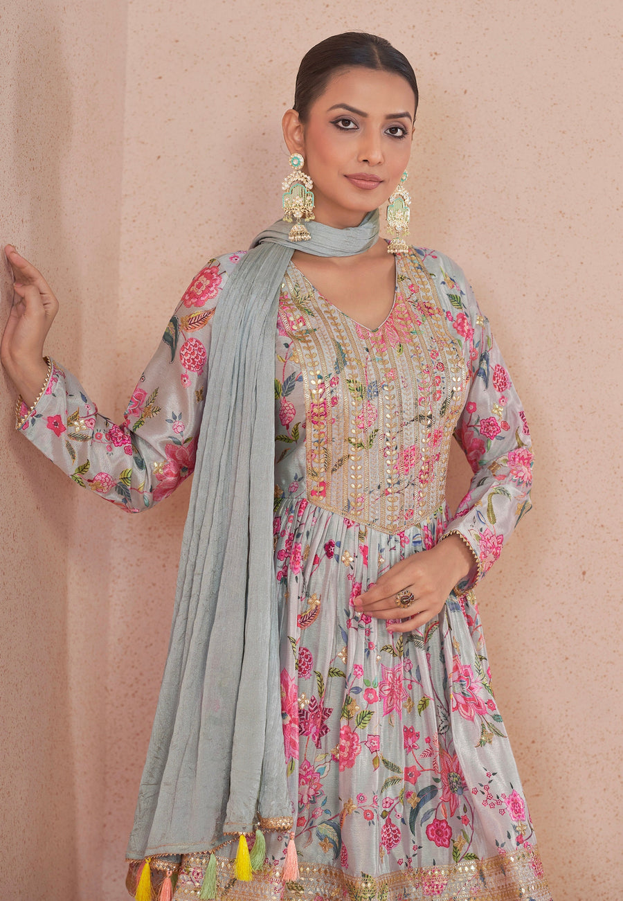 Light Blue Floral Chinon Anarkali Suit with Dupatta