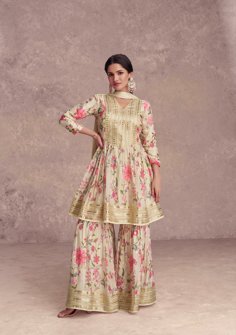 Cream Floral Chinon Anarkali Suit with Dupatta