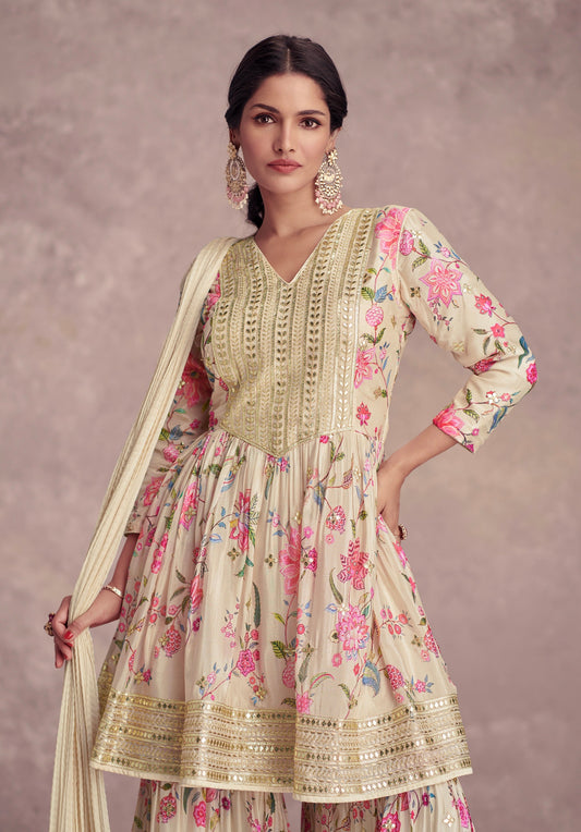 Cream Floral Chinon Anarkali Suit with Dupatta