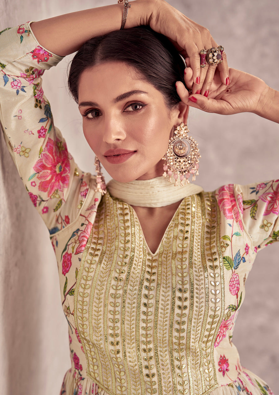 Cream Floral Chinon Anarkali Suit with Dupatta