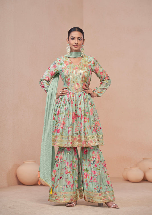 Mint Green Floral Chinon Anarkali Suit with Dupatta