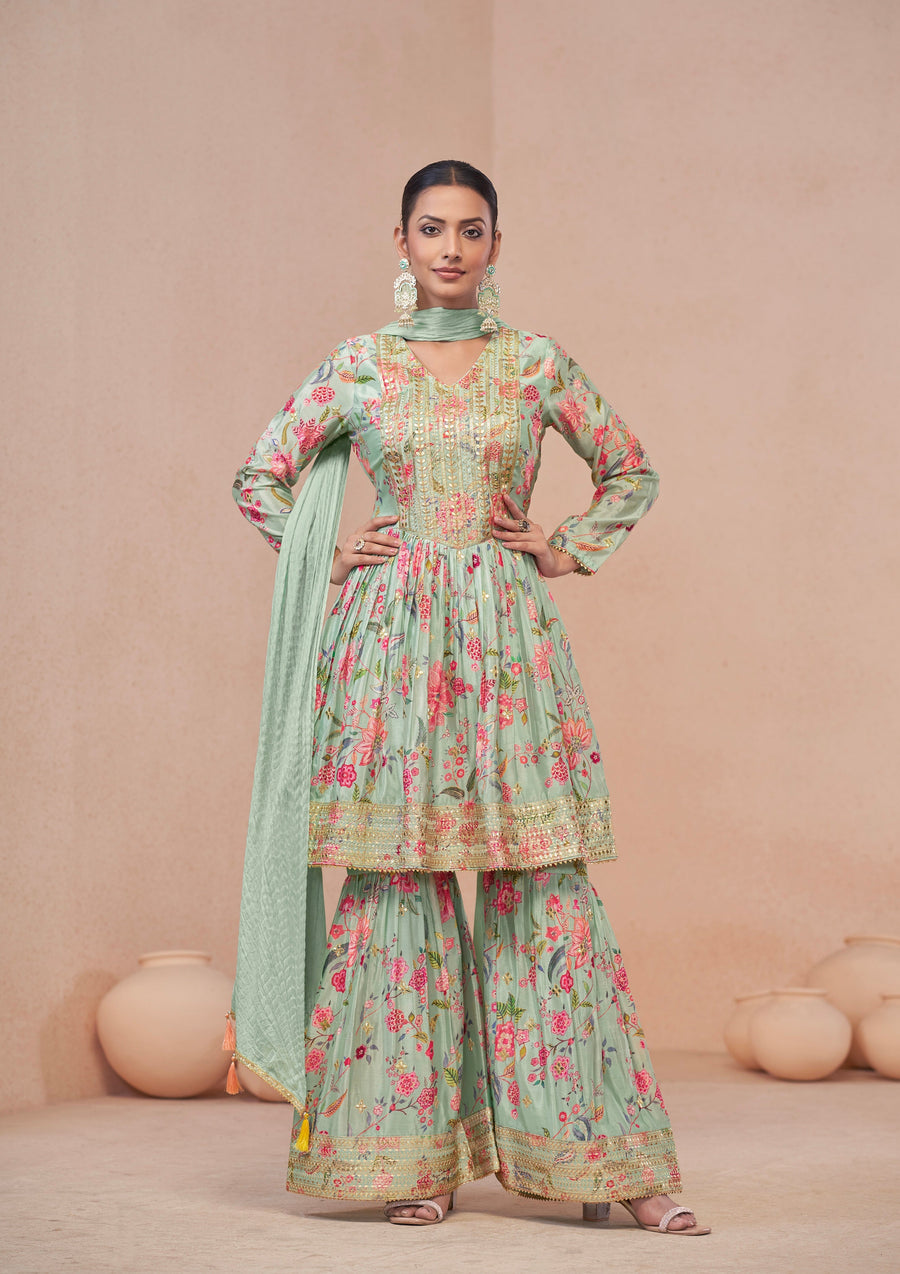 Mint Green Floral Chinon Anarkali Suit with Dupatta