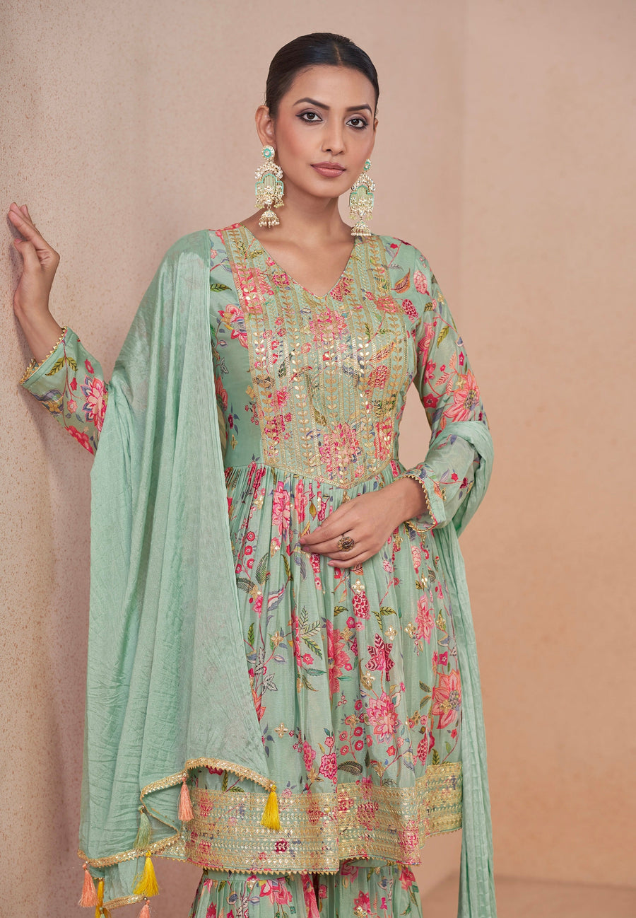 Mint Green Floral Chinon Anarkali Suit with Dupatta