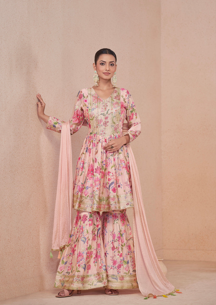 Pink Floral Chinon Anarkali Suit with Dupatta