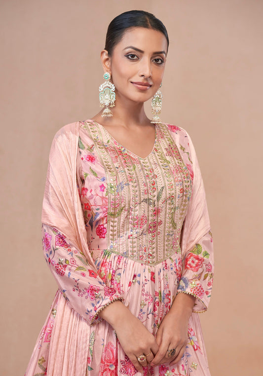 Pink Floral Chinon Anarkali Suit with Dupatta
