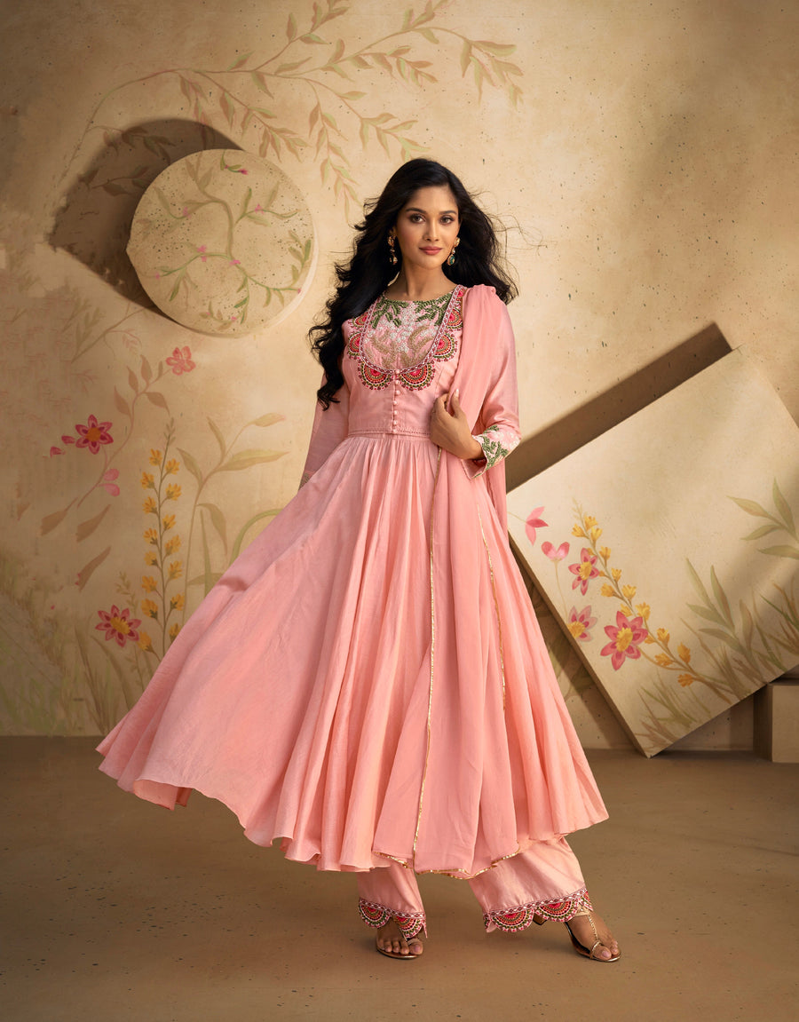 Peach Pure Silk Anarkali Suit with Green & Pink Embroidery