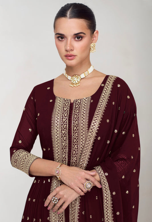 Wine Red Georgette Anarkali Suit with Gold Embellishments