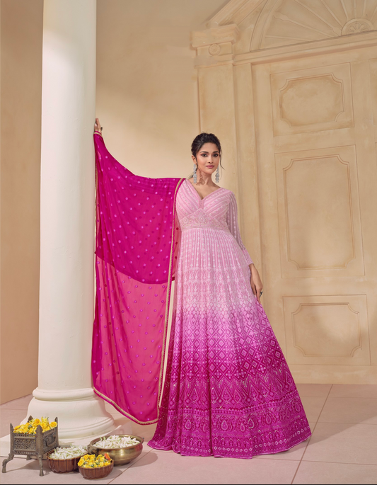 Pink Ombre Anarkali Suit with Embroidered Dupatta - Pehnaawaa