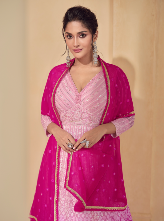 Pink Ombre Anarkali Suit with Embroidered Dupatta - Pehnaawaa