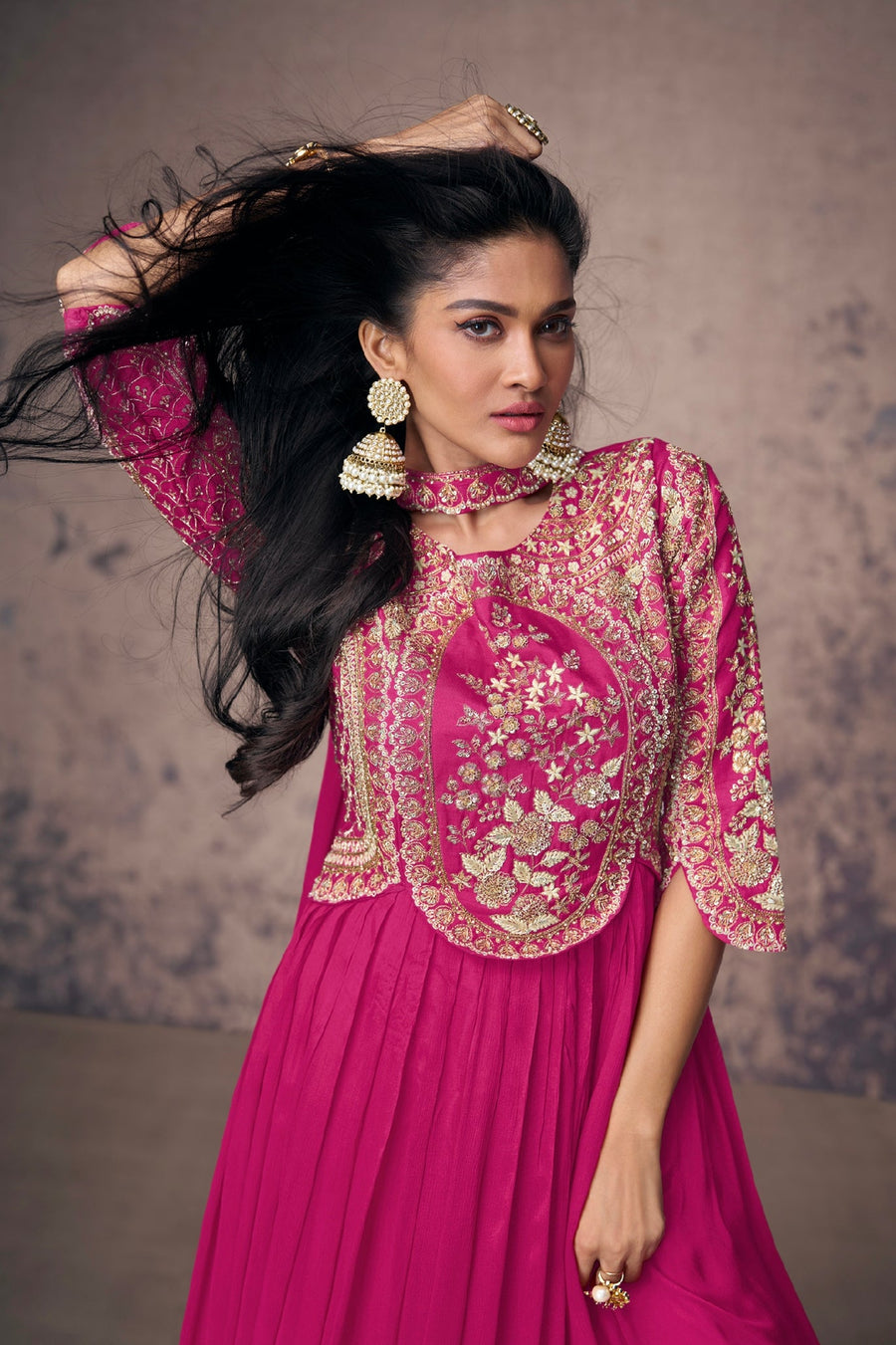 Magenta Real Chinon Silk Anarkali Suit with Gold Embroidery and Dupatta