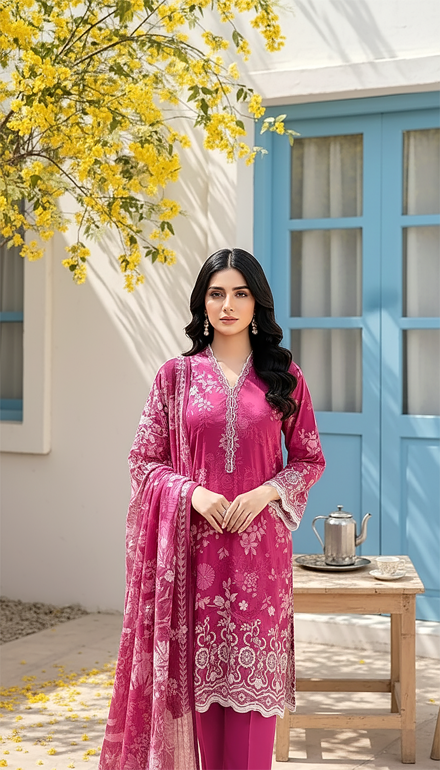 Burnt Pink Floral Printed Lawn 3-Piece Suit with Matching Dupatta