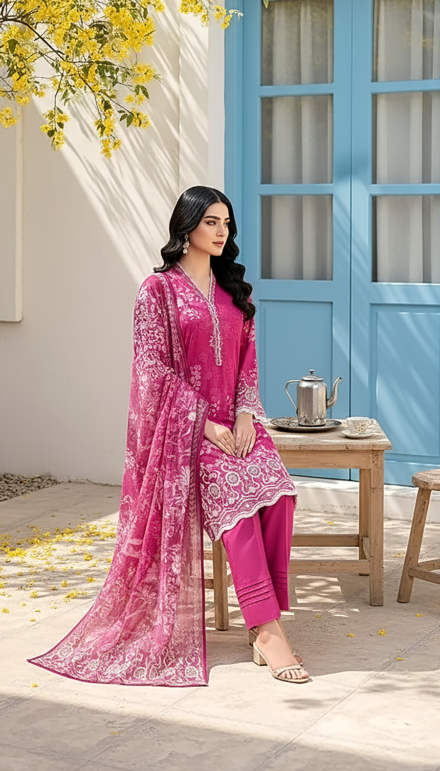 Burnt Pink Floral Printed Lawn 3-Piece Suit with Matching Dupatta