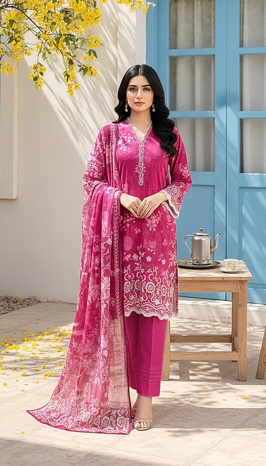Burnt Pink Floral Printed Lawn 3-Piece Suit with Matching Dupatta