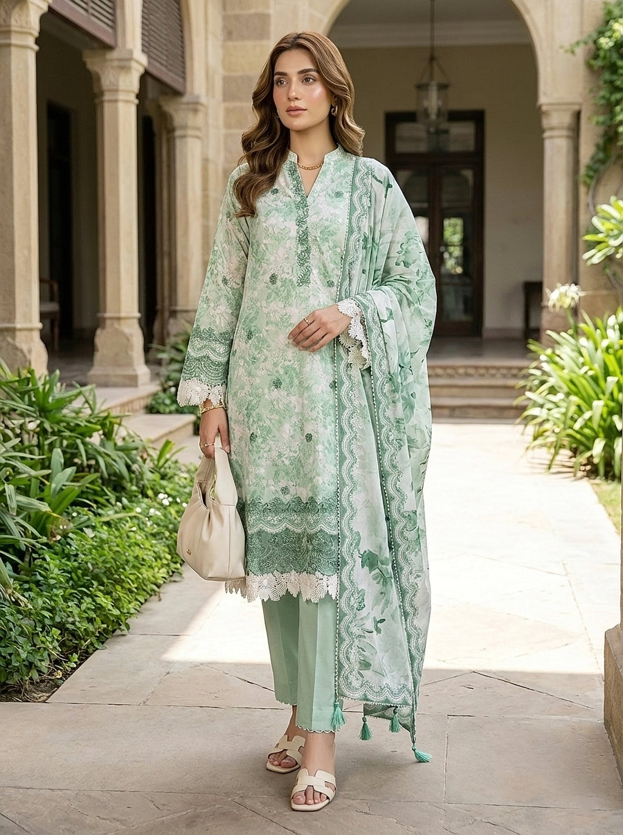 Greenish Grey Floral Embroidered Lawn 3-Piece Stitched Suit