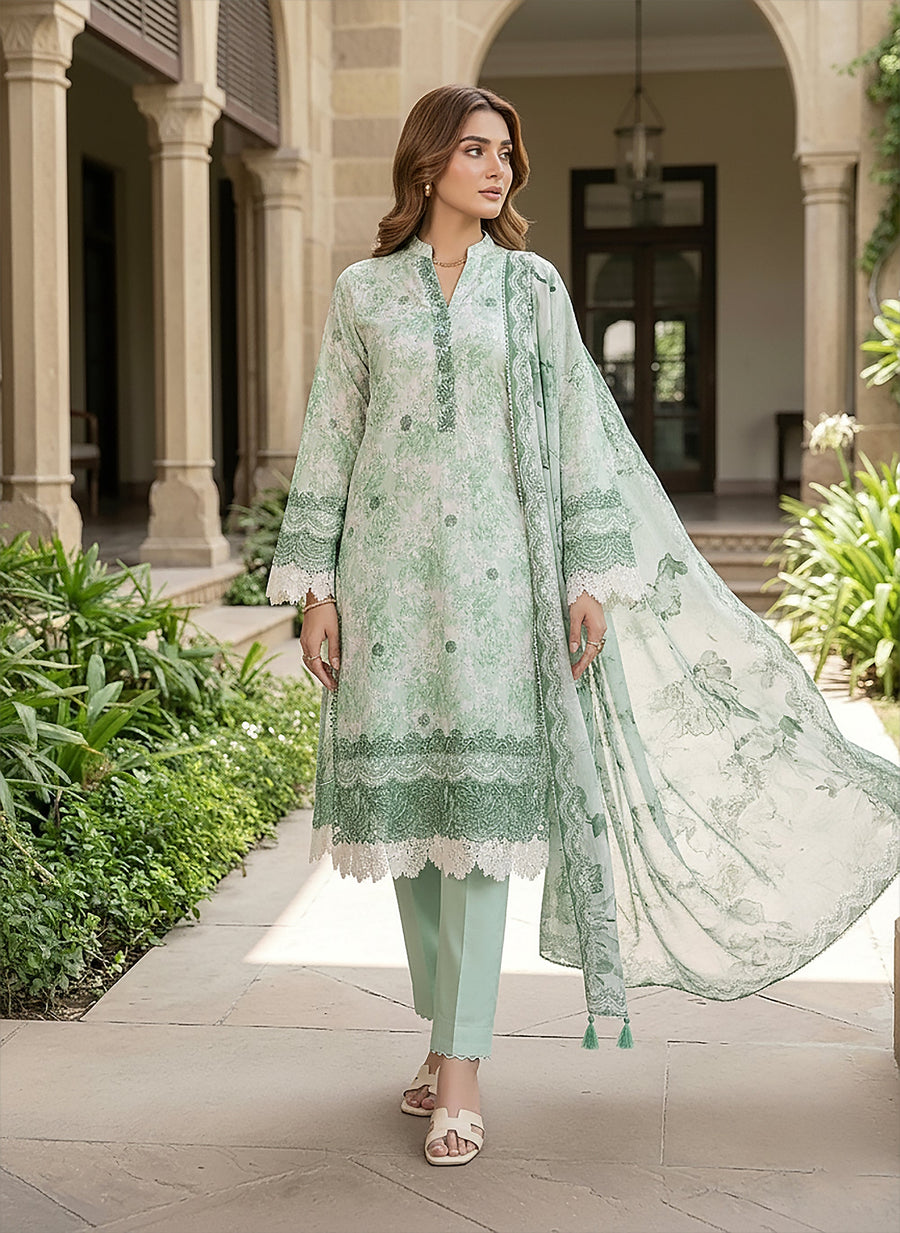 Greenish Grey Floral Embroidered Lawn 3-Piece Stitched Suit