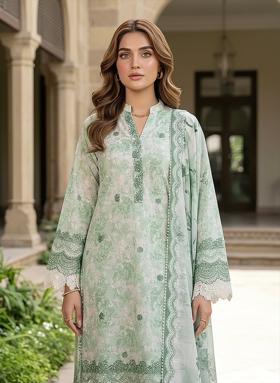 Greenish Grey Floral Embroidered Lawn 3-Piece Stitched Suit
