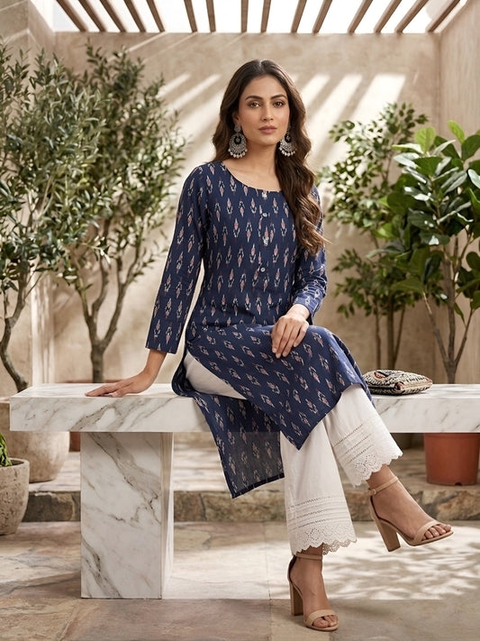 Printed Straight Kurta with Three Quarter Sleeves - Pehnaawaa